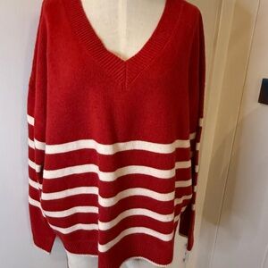 Mustard Seed Red & White Striped V-Neck Sweater Size M American patriotic